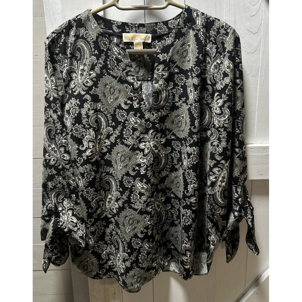 Michael Kors Womans L  Black Paisley Blouse Top 3/4 Sleeve Tie Cuff Rounded Hem